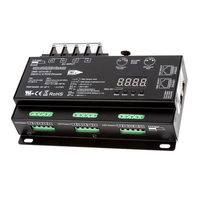 12-Channel LED DMX512 and RDM Digital Decoder and Master - 5 A/CH - Digital Display - 12-24 VDC