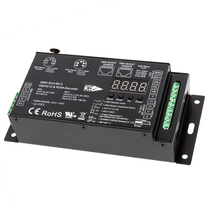 5-Channel LED DMX512 and RDM Digital Decoder and Master - 8 A/CH - Digital Display - 12-24 VDC