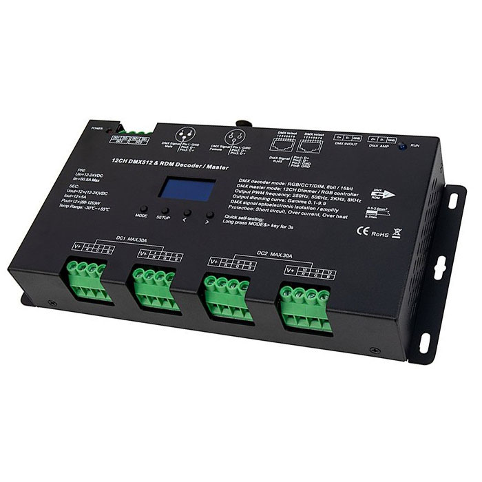 12 Channel LED DMX512 and RDM Decoder / Master - 5A/CH - 12-24V - OLED Display - DS-DMX125