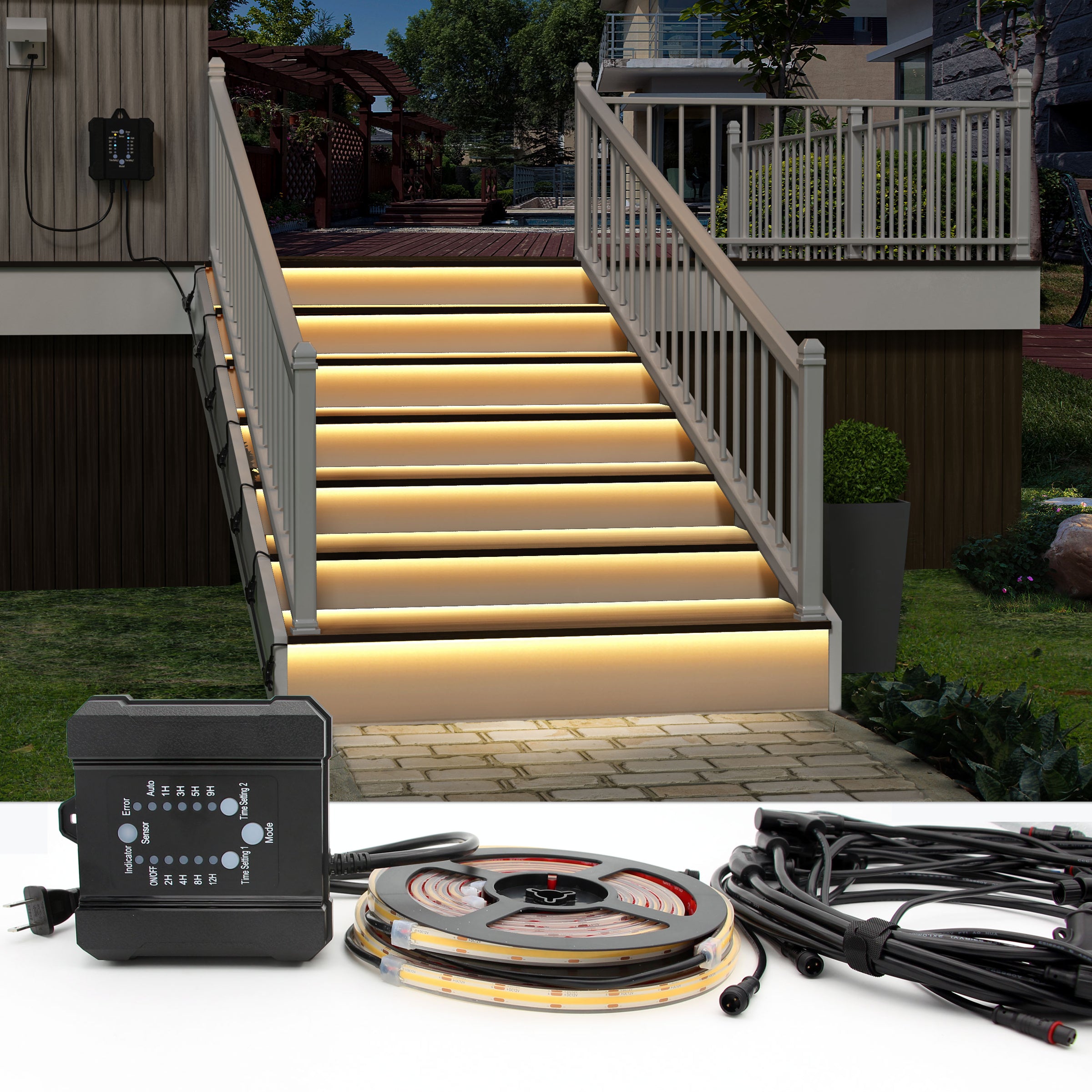 Outdoor LED Stair Lighting Kit KMG-1016, Built-in Dusk to Dawn Sensor for Outdoor Staircase (Warm White 3000K,10 Stairs)